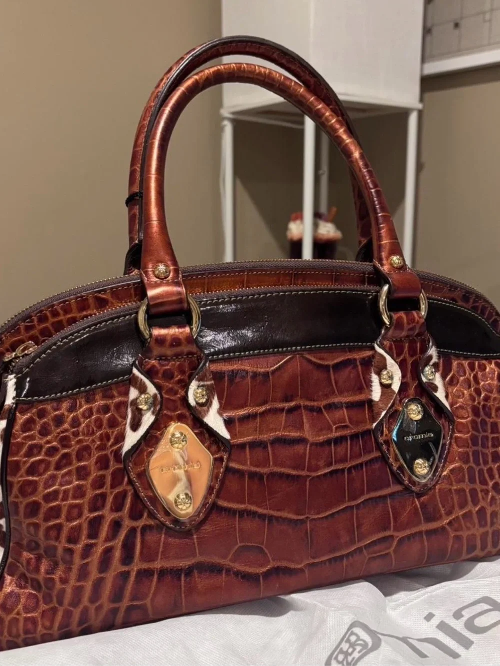 Cromia  Chestnut Croc-Embossed Satchel with Dark Trim and calf hair sides